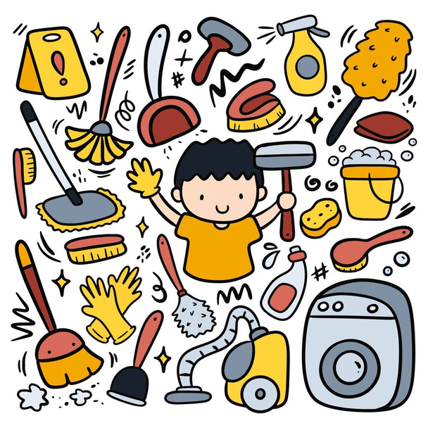 retro cartoon vector illustration with boy and cleaning stuff  - Vector, Image