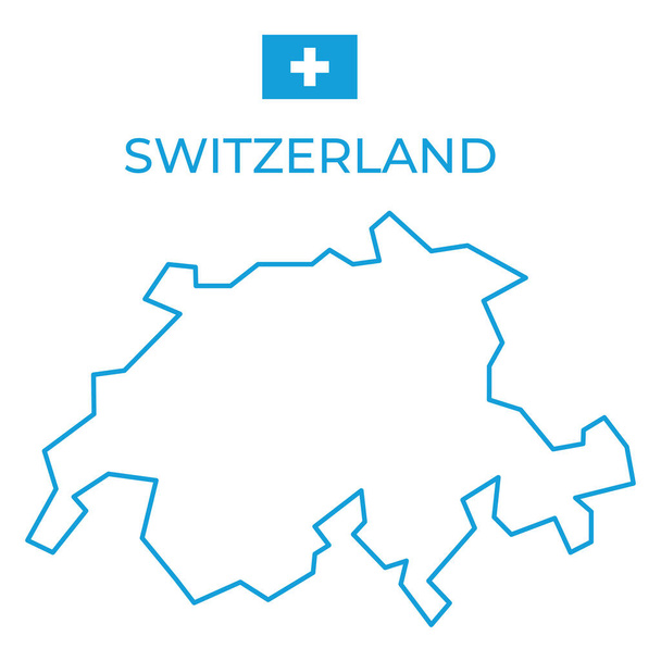 Vector simple blue line map of the Switzerland with monochrome line flag. Isolated on white background. - Wektor, obraz