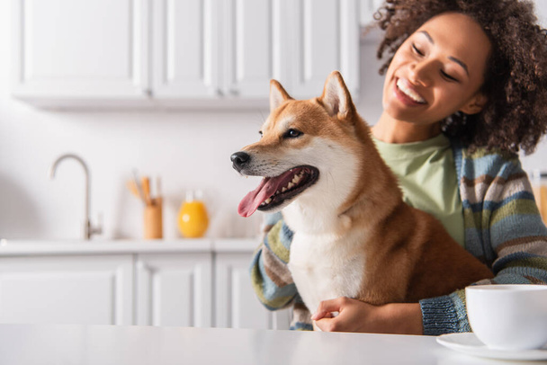 funny shiba inu dog sticking out tongue near happy african american woman and coffee cup - Fotoğraf, Görsel