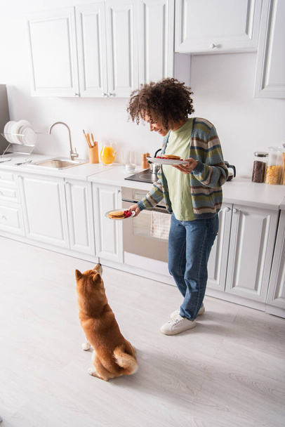 vysoký úhel pohledu shiba inu psa a usmívající se africká americká žena s palačinkami v kuchyni - Fotografie, Obrázek
