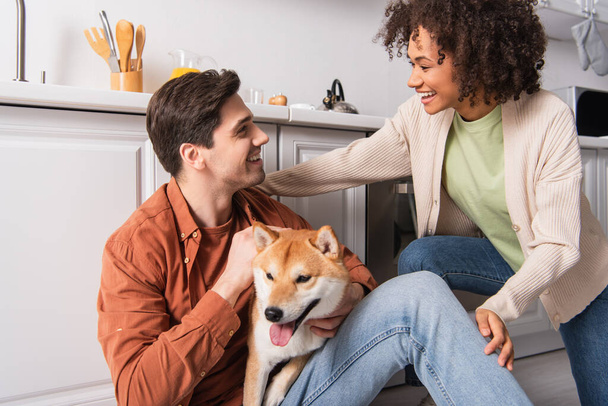 feliz casal interracial olhando uns para os outros perto engraçado shiba inu cão na cozinha - Foto, Imagem