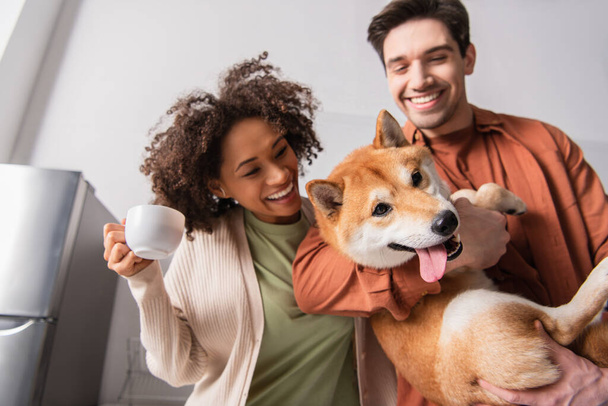 engraçado shiba inu cão saindo língua perto alegre interracial casal - Foto, Imagem