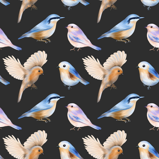 Nahtloses Muster niedlicher Frühlingsvögel, handgezeichnete Illustration auf dunklem Hintergrund - Foto, Bild