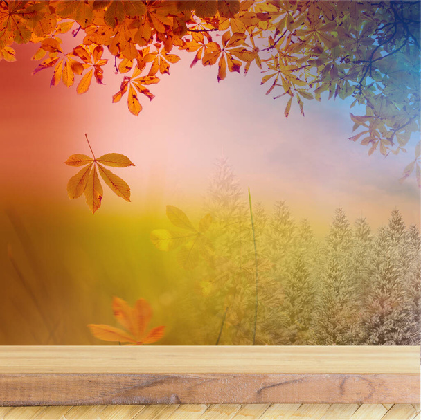 Természet tér háttér lehulló fák és levelek, kék és narancs gradiens ég. Fa asztal termék kijelzésére. - Fotó, kép
