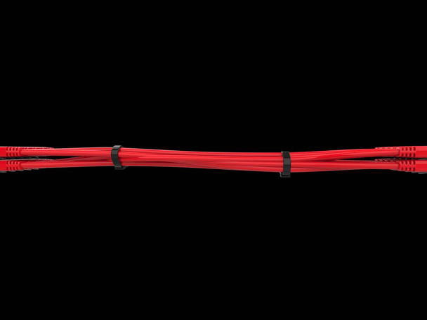 Dunne rode netwerkkabels bij elkaar gehouden met zwarte plastic banden - Foto, afbeelding