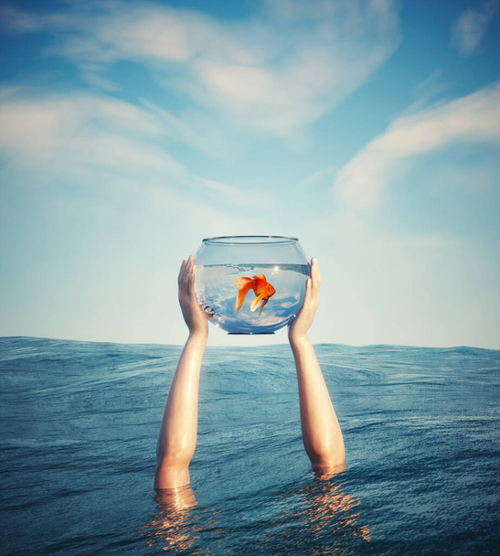 Hands holding a fish tank out of the ocean. Think out of the box concept. Recruiting and mindset concept. This is a 3d render illustration - Fotografie, Obrázek
