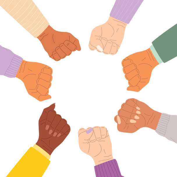 Flache Vektor-Cartoon-Illustration von Händen, die einen Kreis von Fäusten bilden. Das Konzept erfolgreicher Teamarbeit, Unterstützung, Unterstützung, Einheit, Kooperation. - Vektor, Bild