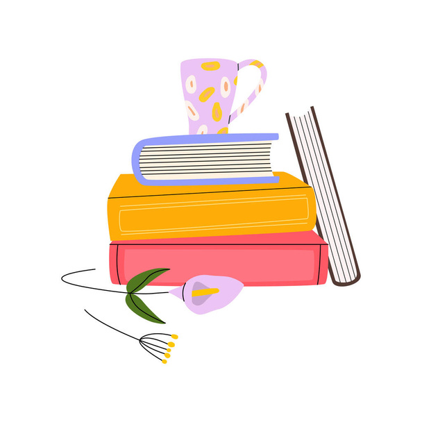 Plochý vektorový kreslený obrázek hromady knih, hrnek horkého nápoje nahoře a ležící květina. Koncept autovývoje a čtení knih. Izolovaný design na bílém pozadí. - Vektor, obrázek