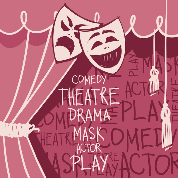 Theater curtains with masks in sketch style - Vetor, Imagem