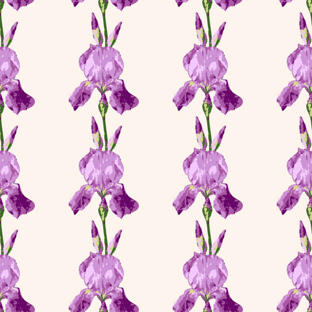 Vector seamless pattern with flowers of iris. Design with beautiful iris flowers. - Вектор, зображення