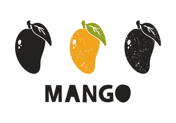 Mango, silhouette icons set with lettering. Imitation of stamp, print with scuffs. Simple black shape and color vector illustration. Hand drawn isolated elements on white background - Vetor, Imagem