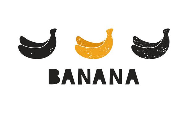 Banana, silhouette icons set with lettering. Imitation of stamp, print with scuffs. Simple black shape and color vector illustration. Hand drawn isolated elements on white background - Vecteur, image