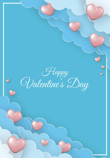 Valentine's Day greeting card. Paper clouds and pink 3d hearts on blue background.  - Vektor, Bild