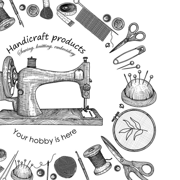 Шаблон векторного банера. Графічні, лінійні продукти для рукоділля. Ножиці, нитка, голка, шпилька, швейна машина, голка, шпилька, вишивка, гачок і спиці
 - Вектор, зображення