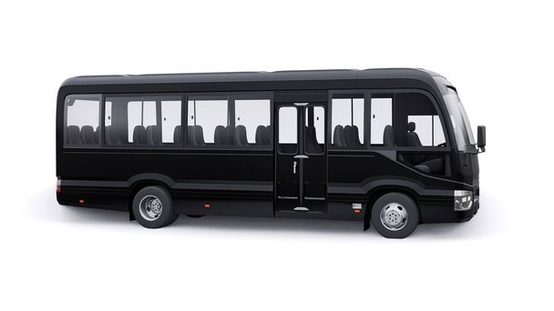 Черный маленький автобус для путешествий. Автомобиль с пустым корпусом для дизайна и рекламы. 3d иллюстрация. - Фото, изображение