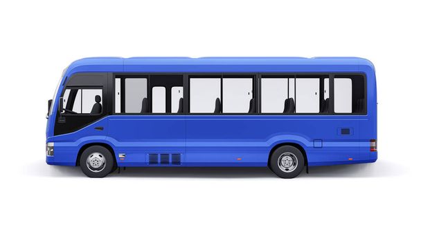 Синий маленький автобус для путешествий. Автомобиль с пустым корпусом для дизайна и рекламы. 3d иллюстрация. - Фото, изображение