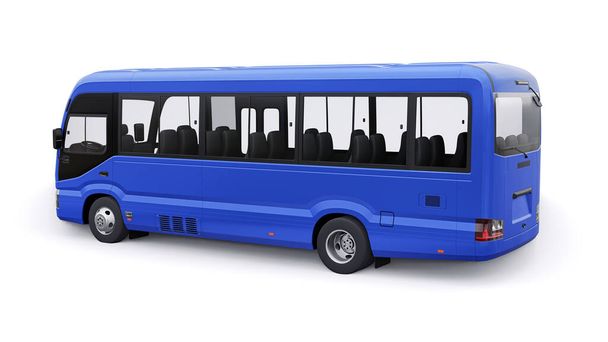 Синий маленький автобус для путешествий. Автомобиль с пустым корпусом для дизайна и рекламы. 3d иллюстрация. - Фото, изображение