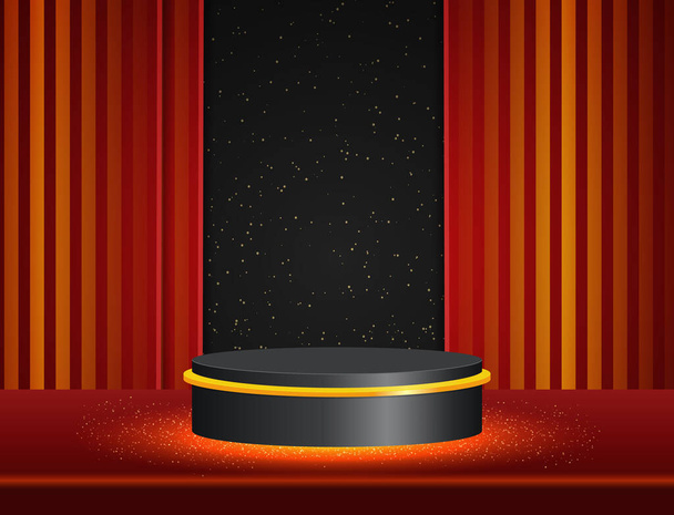 Vektor illusztráció piros háttér ragyogó csillogó színpadon fekete pódium - Vektor, kép