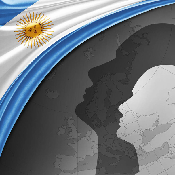 世界地図と人間の頭の背景を持つ絹のアルゼンチン国旗-3Dイラスト - 写真・画像