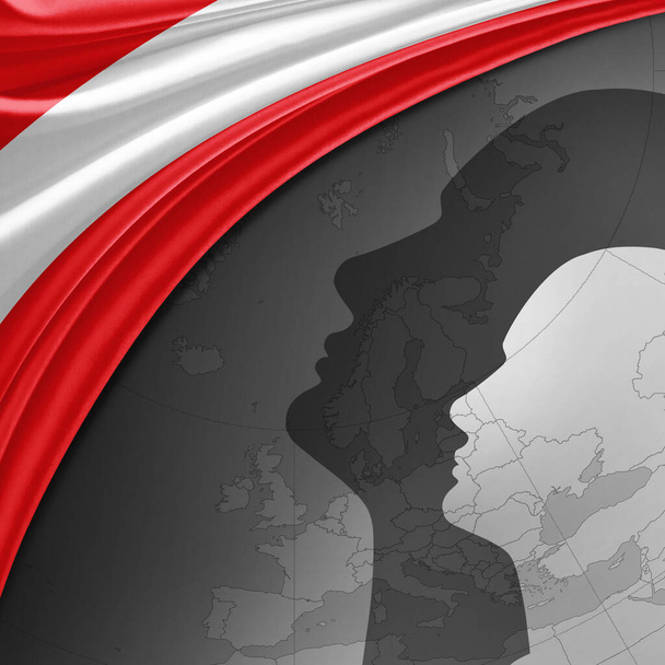 Rakouská vlajka z hedvábí s mapou světa a pozadím lidských hlav - 3D ilustrace - Fotografie, Obrázek