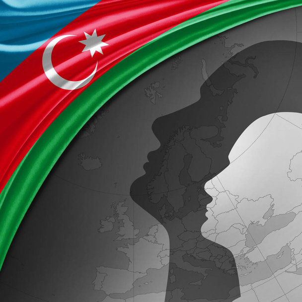Σημαία Αζερμπαϊτζάν από μετάξι με φόντο τον παγκόσμιο χάρτη και τα ανθρώπινα κεφάλια -3D εικονογράφηση - Φωτογραφία, εικόνα