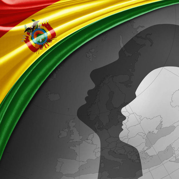 Bolivianische Seidenfahne mit Weltkarte und menschlichen Köpfen im Hintergrund - 3D-Illustration - Foto, Bild