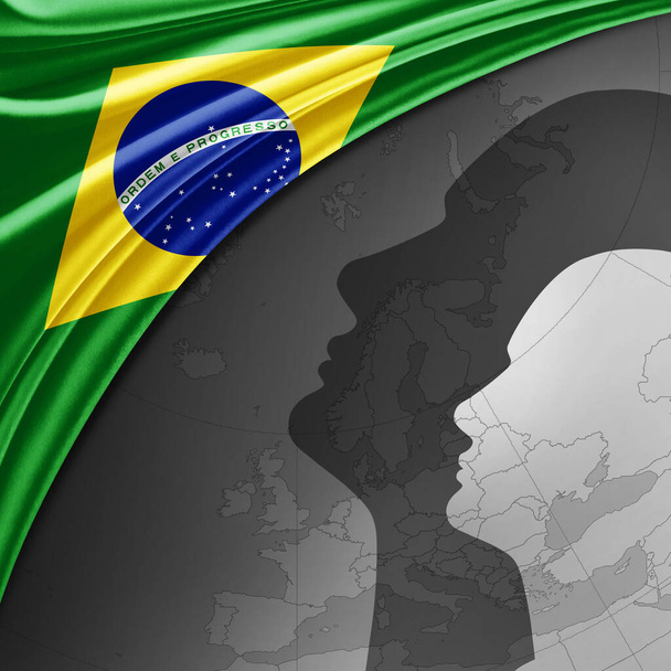 Σημαία Βραζιλίας του μεταξιού με παγκόσμιο χάρτη και ανθρώπινα κεφάλια φόντο -3D εικονογράφηση - Φωτογραφία, εικόνα