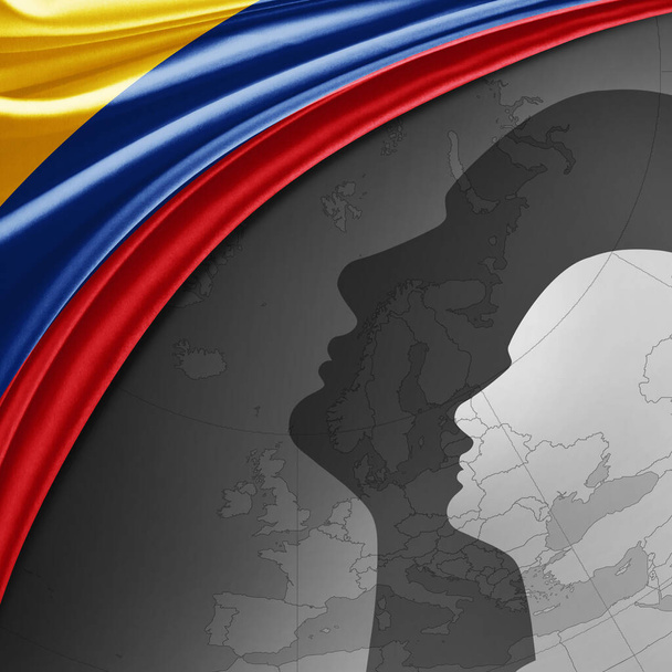 Σημαία Κολομβίας από μετάξι με φόντο τον παγκόσμιο χάρτη και τα ανθρώπινα κεφάλια -3D εικονογράφηση - Φωτογραφία, εικόνα