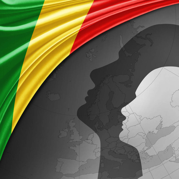 Λαϊκή Δημοκρατία του Κονγκό σημαία του μεταξιού με παγκόσμιο χάρτη και ανθρώπινα κεφάλια φόντο -3D εικονογράφηση - Φωτογραφία, εικόνα