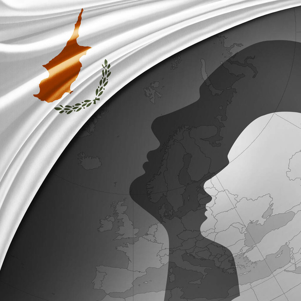 Zypern-Fahne aus Seide mit Weltkarte und menschlichen Köpfen im Hintergrund - 3D-Illustration - Foto, Bild