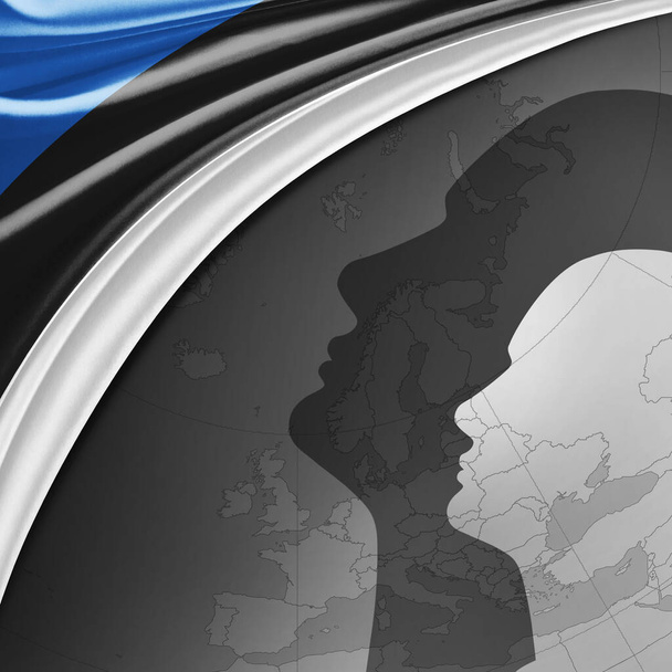 Estonská vlajka z hedvábí s mapou světa a pozadím lidských hlav - 3D ilustrace - Fotografie, Obrázek