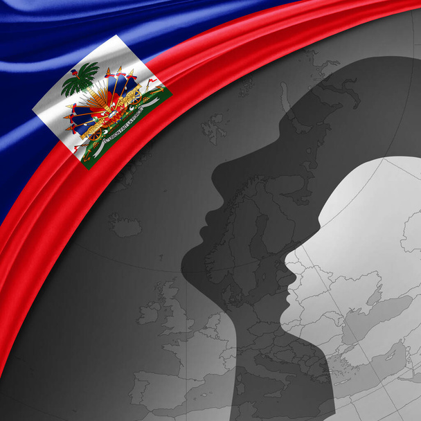 Σημαία της Αϊτής από μετάξι με παγκόσμιο χάρτη και ανθρώπινα κεφάλια φόντο -3D εικονογράφηση - Φωτογραφία, εικόνα