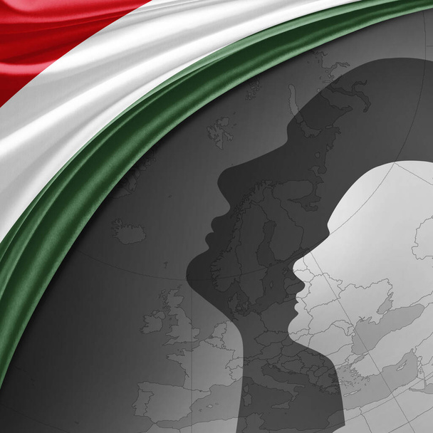 世界地図と人間の頭の背景を持つ絹のハンガリーの旗-3Dイラスト - 写真・画像