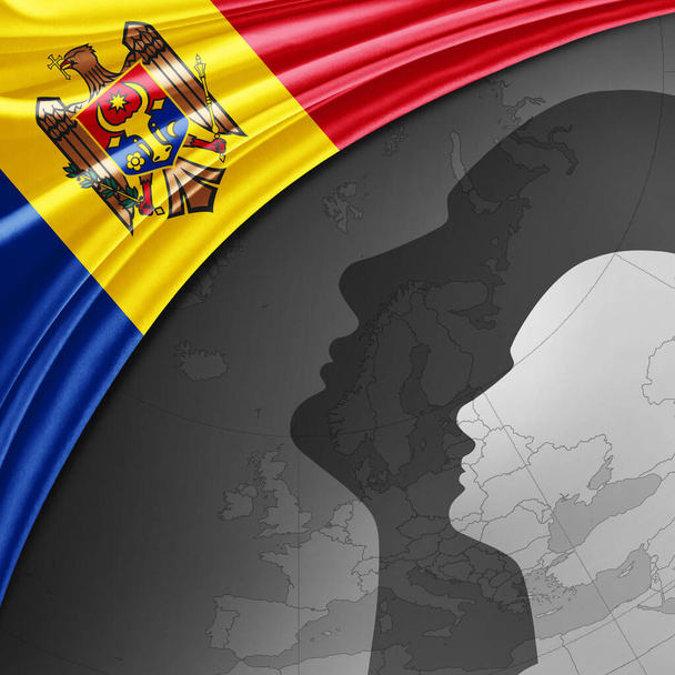 Μολδαβία σημαία του μεταξιού με παγκόσμιο χάρτη και ανθρώπινα κεφάλια φόντο -3D εικονογράφηση - Φωτογραφία, εικόνα