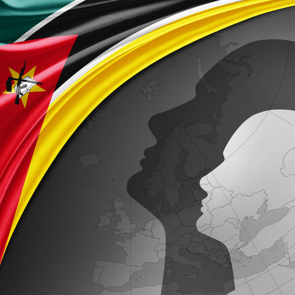 Mosambik-Fahne aus Seide mit Weltkarte und menschlichen Köpfen im Hintergrund - 3D-Illustration - Foto, Bild
