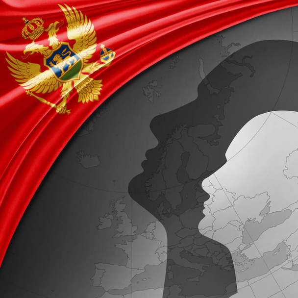 Montenegro-Fahne aus Seide mit Weltkarte und menschlichen Köpfen im Hintergrund - 3D-Illustration - Foto, Bild