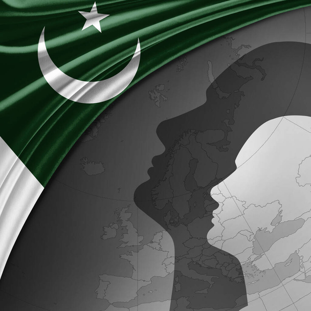 Σημαία Πακιστάν από μετάξι με φόντο τον παγκόσμιο χάρτη και τα ανθρώπινα κεφάλια -3D εικονογράφηση - Φωτογραφία, εικόνα
