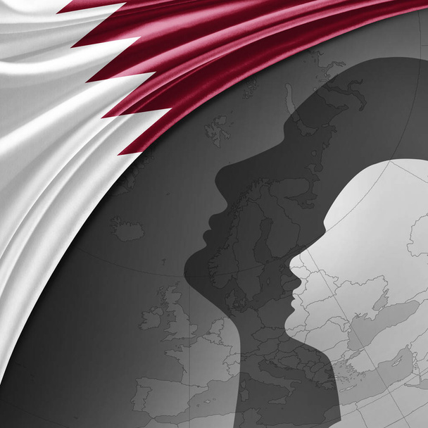 Σημαία του Κατάρ από μετάξι με παγκόσμιο χάρτη και ανθρώπινα κεφάλια φόντο -3D εικονογράφηση - Φωτογραφία, εικόνα