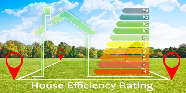 Épületek energiahatékonysága és minősítési osztályai az épületek energiateljesítményéről szóló irányelvnek megfelelően - koncepció üres földterülettel a háttérben - Fotó, kép