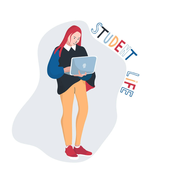 Mladá studentka pracuje s laptopem. Roztomilý plochý charakter.Teen dívka izolované na bílém pozadí s písmem. Krásný design pro vzdělávací webové stránky  - Vektor, obrázek