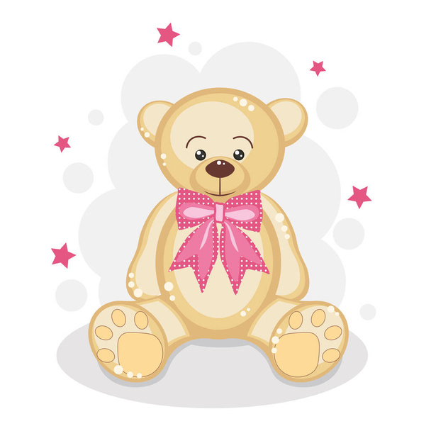 Cute bear with pink bow and stars. Background for posters, invitation, postcard, greeting card, labels, baby shower,  wallpapers, textiles, papers, fabrics, web pages. - Vektor, Bild