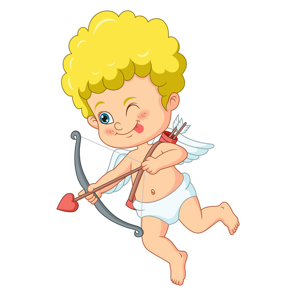 vector Illustration of Cartoon cute little cupid with bow and arrow - Vektor, obrázek