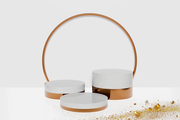 Pantalla de pedestal sobre fondo blanco y decoraciones de cobre con un concepto de soporte de caja. Podio para producto de promoción de marca, renderizado digital 3D realista - Foto, Imagen