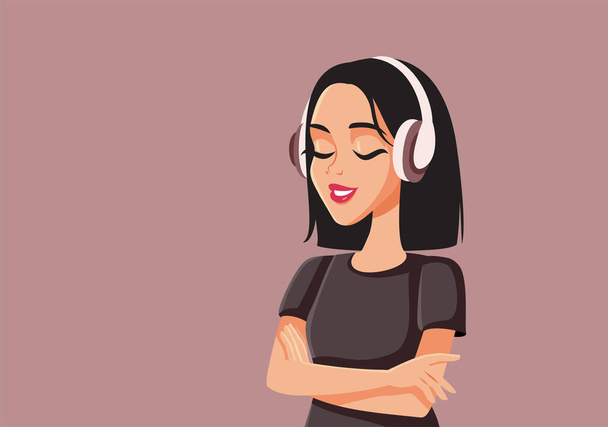 Young Woman Wearing Headphones Listening to Favorite Podcast Vector Illustration - Vector, Imagen