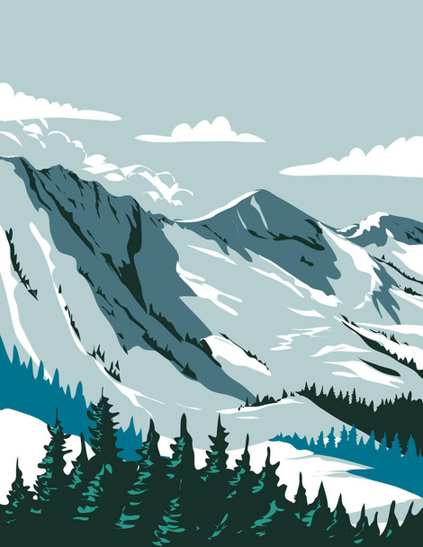 WPA Плакатное искусство горнолыжной зоны Alta в горах Васатч, расположенной в округе Салт-Лейк, штат Юта, США, выполнено в стиле администрации проекта работ или федерального арт-проекта - Вектор,изображение