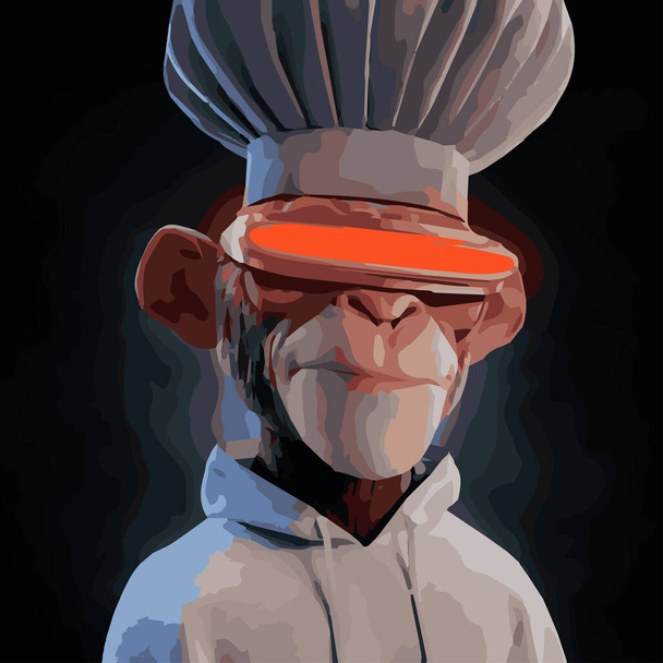 3D unatkozó majom karakter NFT. Majom szakács kalap és lézer szemek portré avatar profilkép. Blokkolólánc alapú műalkotás. Művészeti gyűjtemény - Vektor, kép