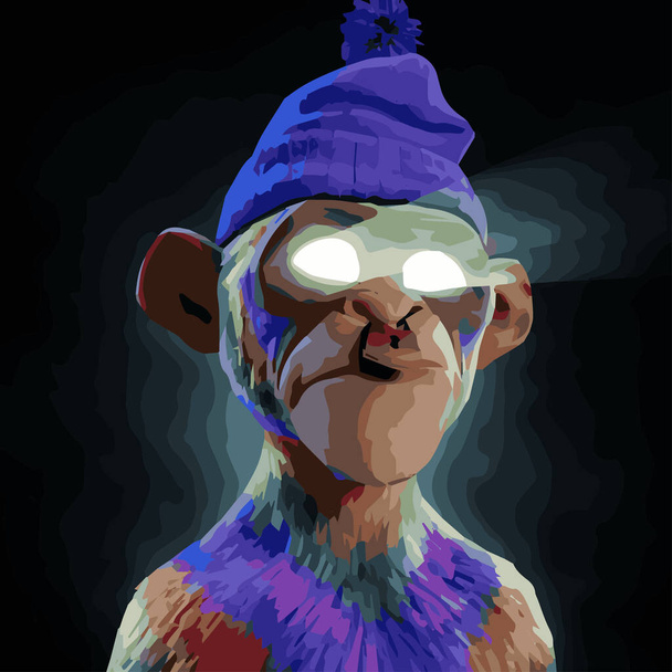 3D нудний персонаж мавпи NFT. Барвиста райдужна хутряна мавпа з яскравими очима та фіолетовим портретним аватаром для профільного зображення. Блокчейн заснований на мистецтві. Художня колекція
 - Вектор, зображення