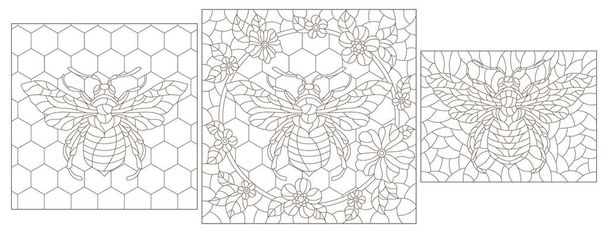 Conjunto de ilustrações de contorno no estilo de vitrais com abelhas abstratas, contornos escuros em um fundo branco - Vetor, Imagem