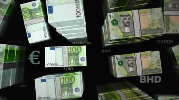 Euro ve Bahreyn Dinar para değişimi. Kağıt banknotlar tomar tomar. Ticaret, ekonomi, rekabet, kriz, bankacılık ve finans kavramı. Döngüsüz 3D canlandırma notaları. - Video, Çekim