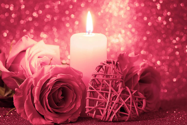 Roses and heart on red glittering bokeh background. Valentine's day, place for text. - Photo, Image